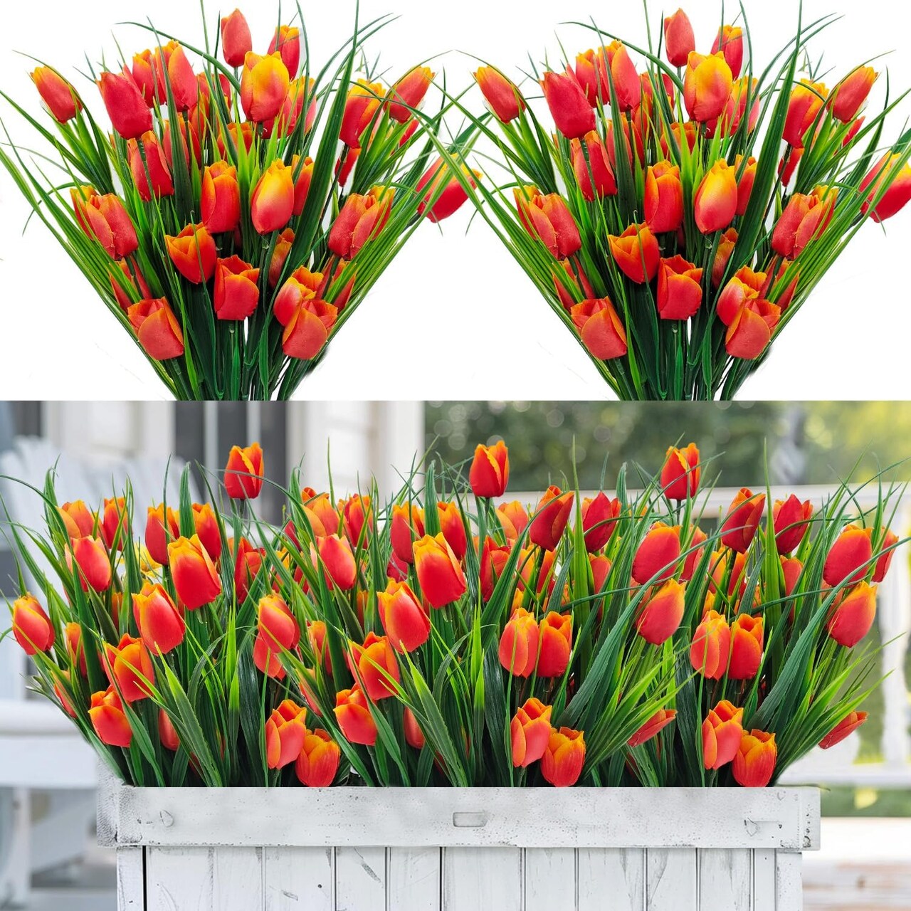 12 Bundles UV-Resistant Artificial Tulips – 60 Heads Silk Fake Flowers with Greenery for Outdoor Planter, Porch, Garden & Patio Decor (Orange)